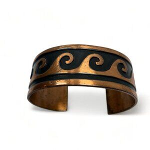Vintage Marked Solid Copper Cuff Bracelet Enamel Wave Design 1.5"W Adjustable